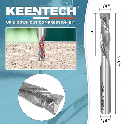 KEENTECH 1/4" Shank 2 Flute Flat Tip Compression Sprial Router Bit for CNC Router Machine, 1/4" Cutting Diameter, 1" Cutting Depth, for Wood Cutting, Custom Furniture, Slot Mortise, Engraving, Carving