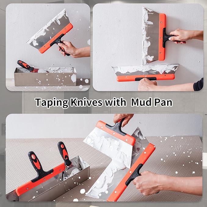 Drywall Knife Set, 14Pcs Stainless Steel Putty Tools Includes Putty Knife, Taping knife, Painter Scraper Tool & 14" Mud Pan Perfect for Drywall Joint Taping, Finishing and Patching