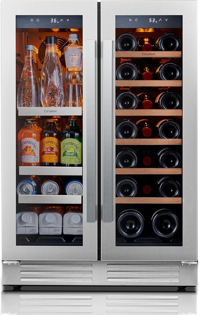 Ca'Lefort 24 Inch Wine and Beverage Refrigerator - 60 Can and 20 Bottle Wine Fridge Dual Zone 36-72째F, 3 LED Beverage Cooler Built in or Freestanding, Perfect for Home/Kitchen(4.10 cu.ft)