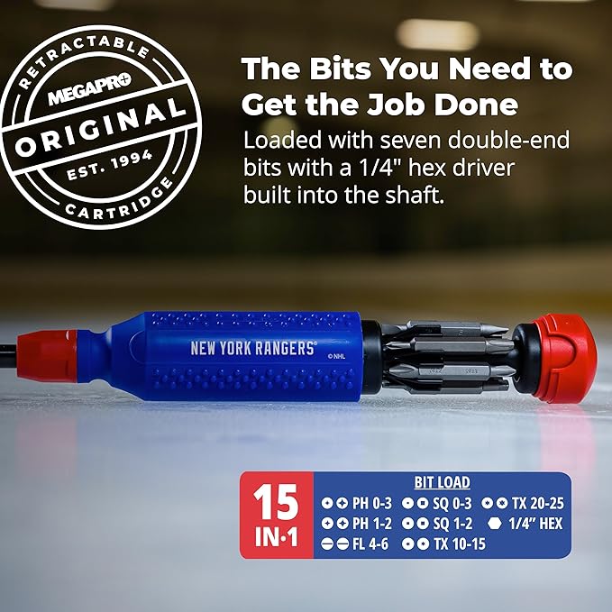 MEGAPRO짰 NHL짰 Team Edition Multi-bit Screwdriver | Officially Licensed NHL짰 Gear | Durable, Ergonomic, Pro-Grade Screwdriver (New York Rangers짰)