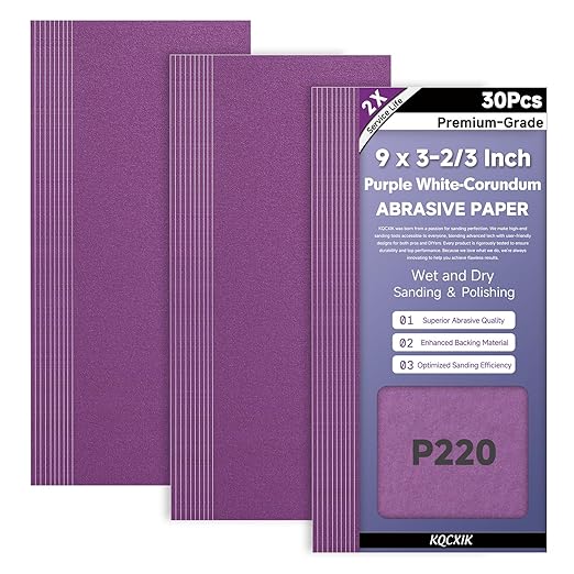 30-Sheet Premium White Corundum 220 Grit Sandpaper, 9 x 3-2/3 Inch Heavy Duty Wet Dry Abrasive Sheets for Wood Metal Automotive Sanding and Smoothing