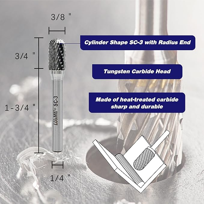 Tungsten Carbide Burr Cylinder Shape SC-3 with Radius End Double Cut Rotary Burr File, 4pcs by LU&MN