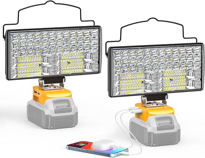 LIVOWALNY 100W LED Work Light Compatible with Dewalt Battery, 2PCS 10000LM Flashlight with USB A & USB C Output Port Low Voltage Protection, Portable Floodlight for Camping, Emergency, Outdoor Lights