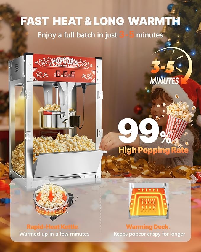 16 Oz Commercial Popcorn Machine, 1440 W, Movie Theater Popcorn Machine, Red Tabletop Pop Corn Machine with 3-Switch Control & Steel Frame Tempered Glass Doors