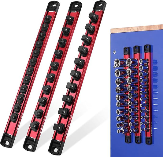 WORKPRO Magnetic Socket Organizer Set, 1/2" 3/8" 1/4" Drive Aluminum Alloy Socket Holder with Removable Socket Clip for Quick Customization, 3PC Socket Rail for Tool Box Drawer (Socket Excluded)