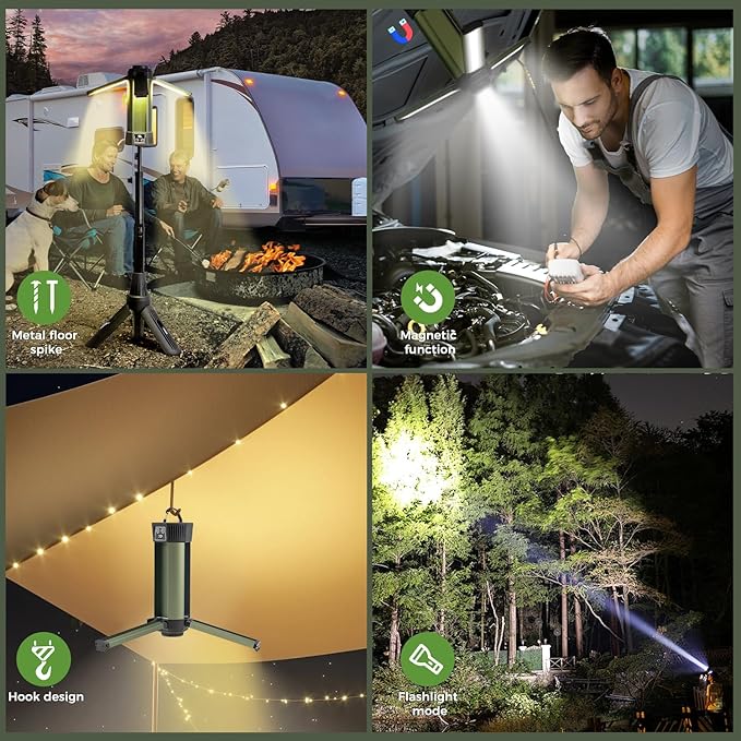 Rechargeable Camping Light with Stand: Cordless Work Light Kit 3 Page Head 500/1000/2000 Lumen 3500/6500K - Dimmable 6AH Camp Lights with Detachable Tripod,Hooks and Carrying Bag(Green-S)