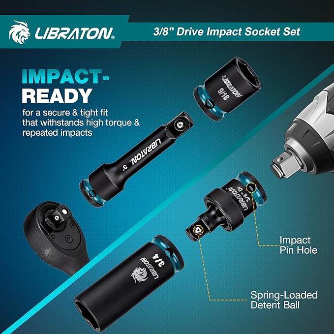 LIBRATON 3/8 Socket Set 90PCS, SAE(5/16-3/4") & Metric(7-19MM) Impact Socket Set, Cr-V Impact Driver Socket, Deep&Shallow, Extension Bars, Ratchet Handle, Screwdriver Bits, Spark Plug Sockets, Adapter