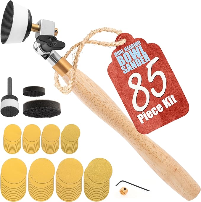Bowl Sander Tool Kit - Dual Bearing Head & Hardwood Handle, 85 Piece Wood Sander Kit, 1" & 2" Hook & Loop Sanding Disc Sandpaper, 1/4 Mandrel