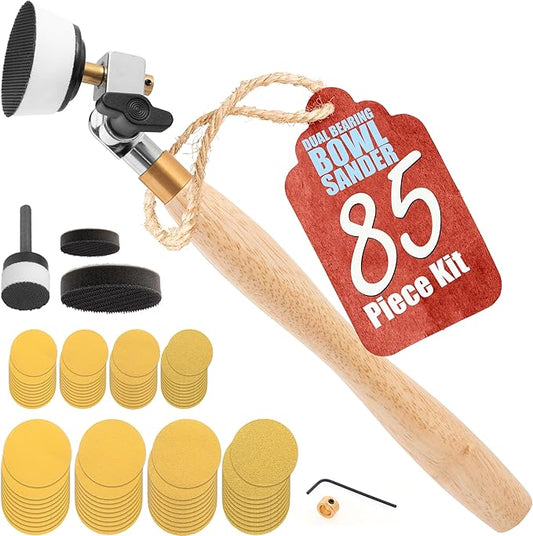 Bowl Sander Tool Kit - Dual Bearing Head & Hardwood Handle, 85 Piece Wood Sander Kit, 1" & 2" Hook & Loop Sanding Disc Sandpaper, 1/4 Mandrel