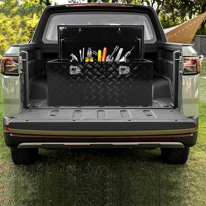 confote 44 Inch Heavy Duty Aluminum Stripes Plated Tool Box Pick Up Truck Bed RV Trailer Toolbox Waterproof Square Storage Organizer with Side Handle, Lock and Keys -44"x 18"x 18"，Black
