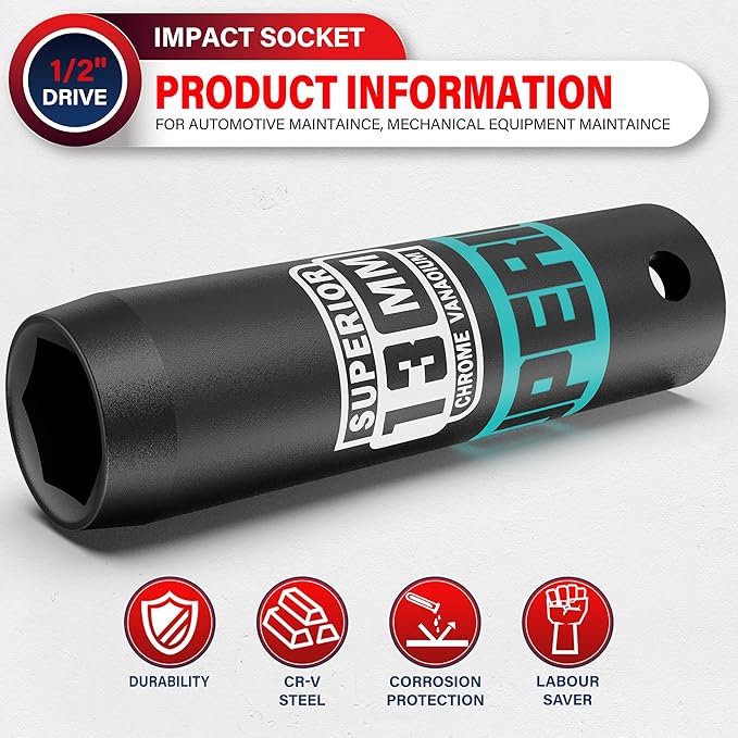1/2" Drive Impact Socket, 13 mm Deep Socket, Metric, 6 Point, CR-V, for Automotive Maintaince, Mechanical Equipment Maintaince