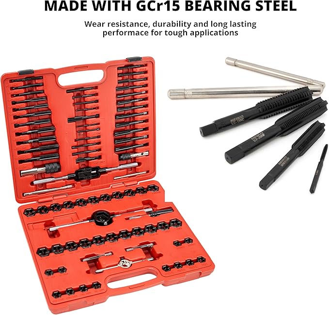 NEIKO Tap and Die Set, 76 Piece, Metric and Standard, Rethreading, Cutting, Repairing Threading Tool for External & Internal Thread Tap Set, SAE & MM, Hex Die, UNC, UNF, AND NPT Threads, Complete Kit