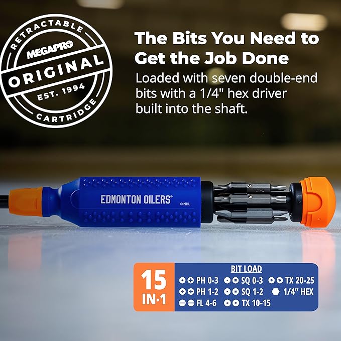 MEGAPRO짰 NHL짰 Team Edition Multi-bit Screwdriver | Officially Licensed NHL짰 Gear | Durable, Ergonomic, Pro-Grade Screwdriver (Edmonton Oilers짰)