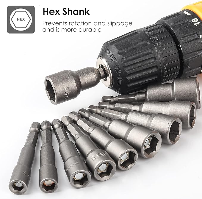 Magnetic Nut Driver Set 10Pcs(Metric), BAIDETS 1/4" Quick-Change Hex Shank Power Nut Driver Drill Bit Set 6-15mm, Suitable for Any Brand of Hand Drills, Electric Drills and Electric