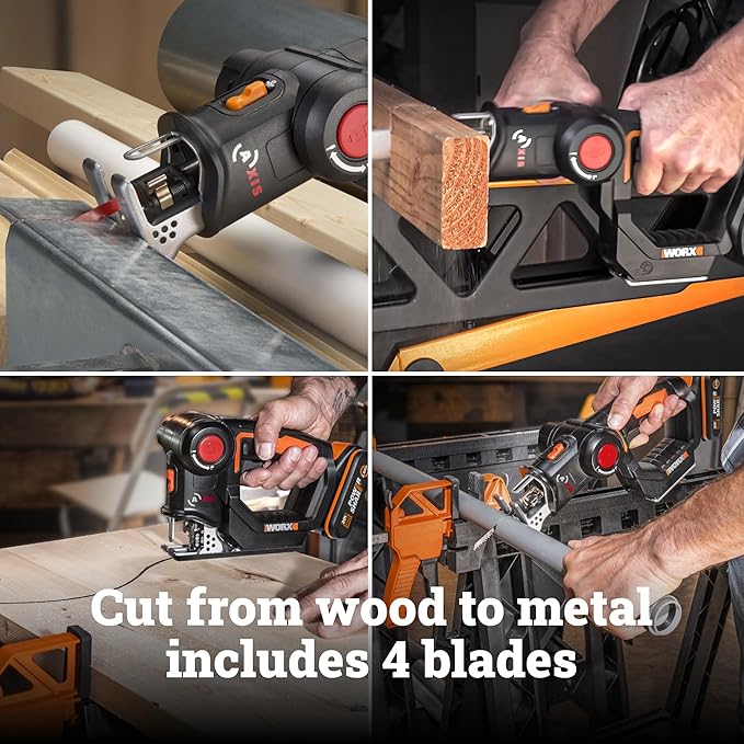 WORX Cordless Reciprocating Saw&Jigsaw, 20V ¾" 2-in-1 Saw, ¾" Stroke Length, 2-in-1 functions, 4 Blades for Different Materials, Compact&Lightweight Design, Battery and Charger Included, PowerShare