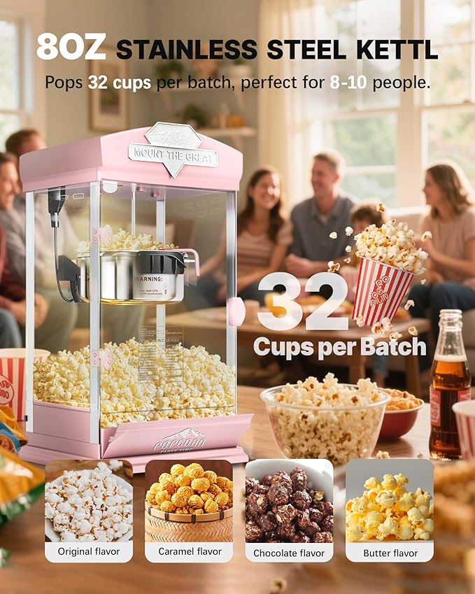 8 Oz Popcorn Machine, Tabletop Popcorn Maker, Countertop Pop Corn Machine Makes Up to 32 Cups, Movie Theater Popcorn Popper Machine with Stainless-Steel Kettle for Home Family, 300 W, Pink
