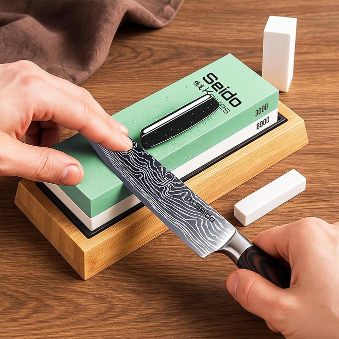 Seido Knives Double-Sided Sharpening - Non-slip Whetstone Rubber Base Bamboo Non-slip Base Flattening Stone Angle Guide Complete Sharpening Kit for Precision Edge