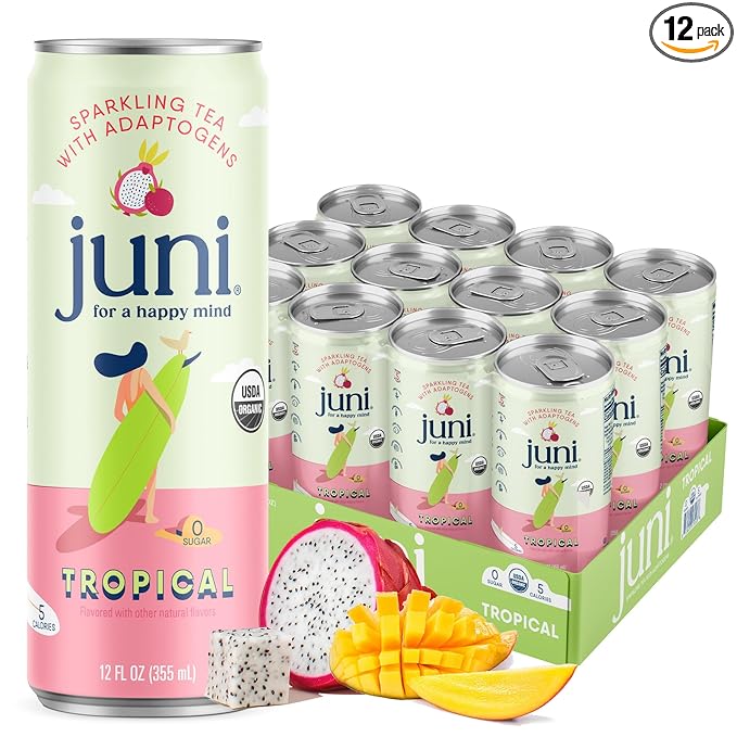 Juni Sparkling Adaptogen Drink with Ashwagandha, Lion?셲 Mane & Reishi Mushrooms | Green Tea for Focus, Zero Sugar, 5 Calories, Organic | Non Alcoholic Drinks - Tropical 12 pack