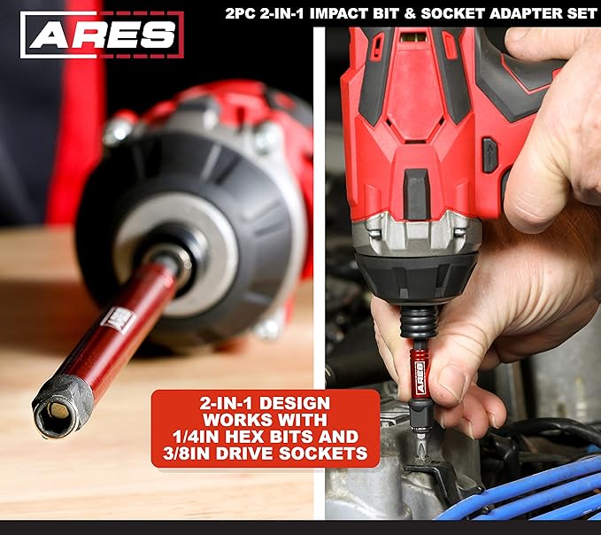 ARES 22027 ??2-in-1 Impact Bit and Socket Adapter Set ??3-Inch and 8-Inch Adapters - Unique Design Holds Standard 1/4-Inch Hex Bits and 3/8-Inch Drive Sockets ??Spinning Sleeve Stabilizes Adapter