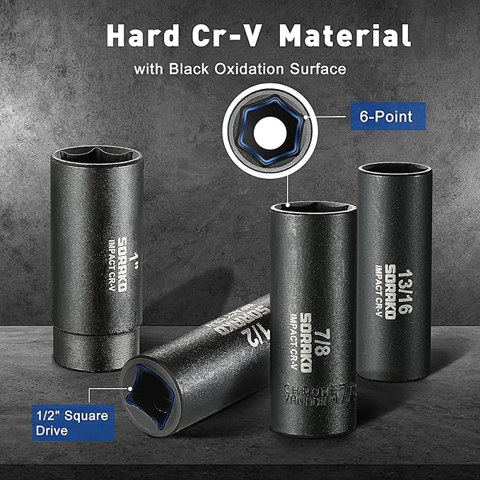 Impact Socket Set 1/2??Drive, SORAKO16 PCS SAE Deep Socket Set (3/8-Inch to 1-1/14") Include 5??Extension Bar & 10??L Handle, Cr-V Steel 6 Point Standard Impact Socket with Portable Case