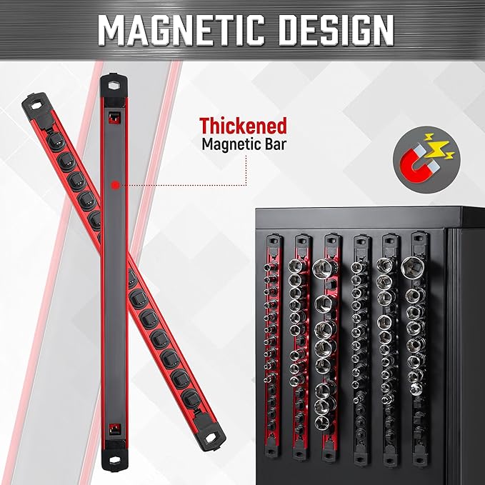 ALOANES 6-Piece Magnetic Socket Organizer, Heavy Duty Aluminum Socket Rails Organizer, 360째 Swivel Clips Socket Holder Kit for Tool Box, 1/2, 3/8, 1/4-Inch Socket Holder x 80 Clips (Red)