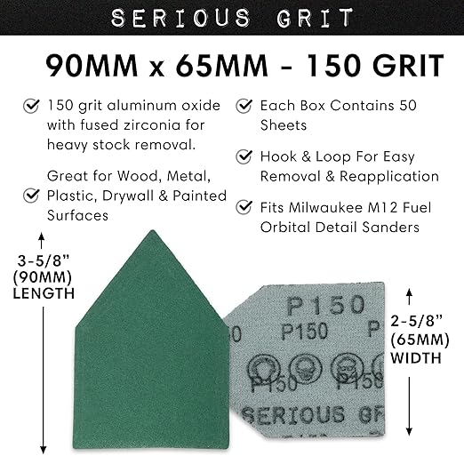 Serious Grit - 150 Grit 90mm x 65mm Triangle Sanding Sheets - Fits Milwaukee M12 Fuel Sanders - Heavy-Duty Hook & Loop Film Sandpaper Pads for Orbital Detail Sanders - 50 Pack Box