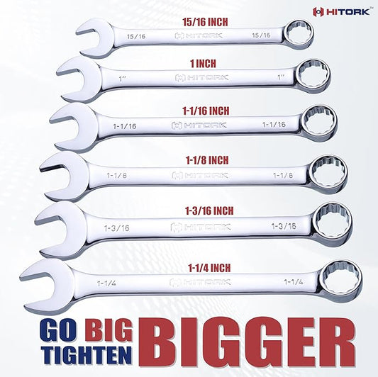 Hitork 6-Piece Large SAE Wrench Set, 12-Point Box End, Drop Forged Chrome-Plated Cr-V Steel, 15° Offset, Polished, Roll Pouch Included – Sizes 15/16” to 1-1/4”