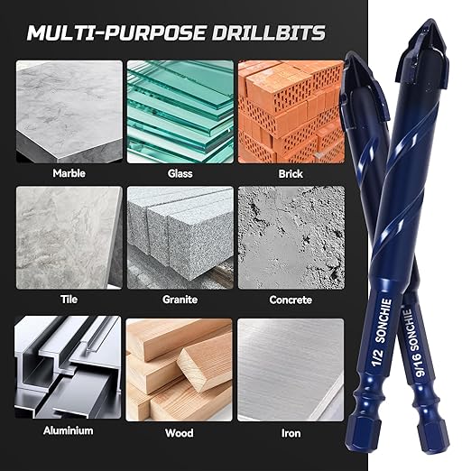 Upgraded SONCHIE Serrated Masonry Drill Bit Set - 1/4 to 9/16 Inch 8-Piece Set Industrial & HouseholdDrill Bit Set for Concrete/Tile/Glass/Brick/Ceramic/Plastic/Wood