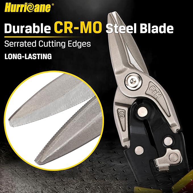 HURRICANE 10 Inch Aviation Snips with Safety Lock, CR-MO Blades Straight Cutting Metal Cutters in Sheet Metal, HVAC & Home DIY