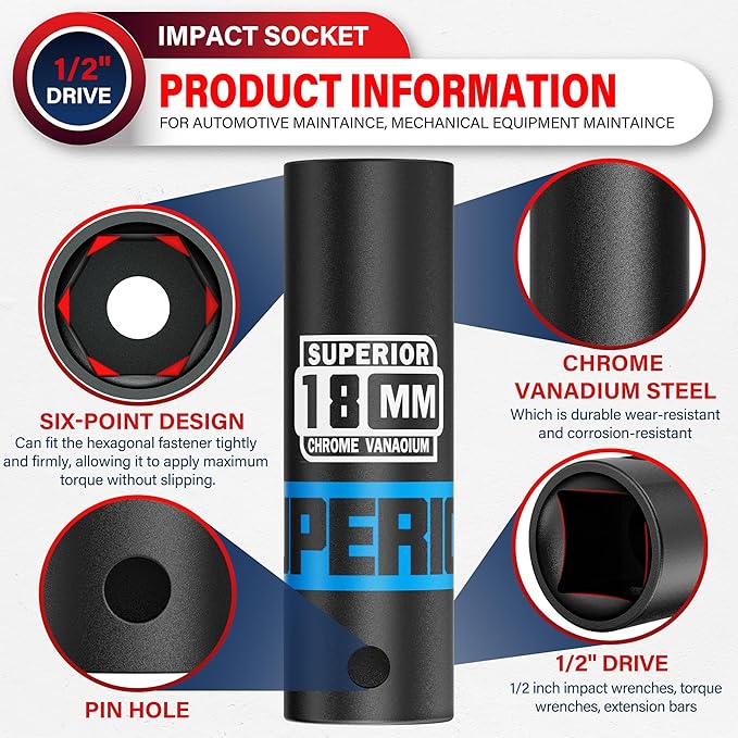 1/2" Drive Impact Socket, 18 mm Deep Socket, Metric, 6 Point, CR-V, for Automotive Maintaince, Mechanical Equipment Maintaince