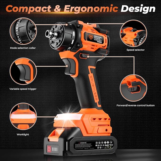 21V Brushless Cordless Drill Driver Kit, 5-in-1 Multi-Head System with 2 Batteries and Charger, Right Angle Adapter, Offset Head, 3-Jaw Chuck, Extension Head