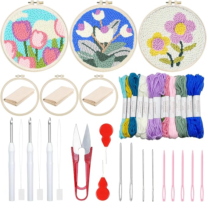 Woohome Punch Needle Kit Included Plastic Hoops, Punch Needle Cloth, Color Yarn and Punch Needle Tools for Adults, Beginners (White, Pink and Purple Flowers)
