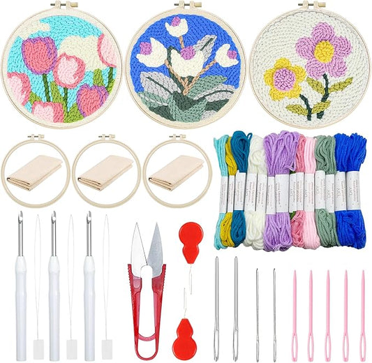 Woohome Punch Needle Kit Included Plastic Hoops, Punch Needle Cloth, Color Yarn and Punch Needle Tools for Adults, Beginners (White, Pink and Purple Flowers)