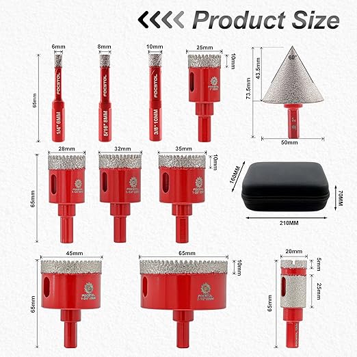 Diamond Core Drill Bit Set - FOCSTOL 11pcs (6/8/10/25/28/32/35/45/65mm+20mm Drilling Milling Bit+50mm Beveling Chamfer Bit) Hole Saw Kit for Porcelain Ceramic Tile Marble Granite with Triangle Shank