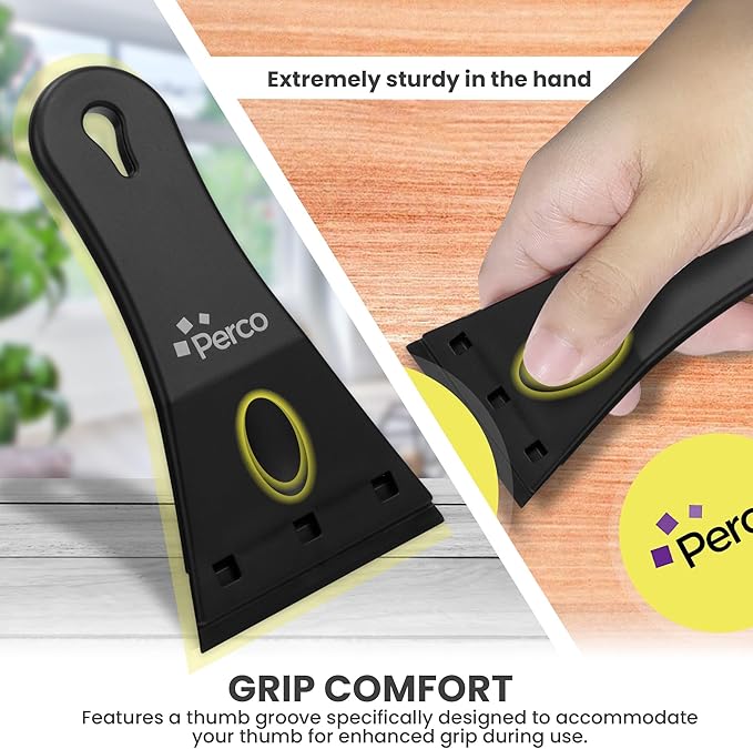 Perco 3-Inch Plastic Scraper with 3 Extra Blades for Quick and Effective Adhesive Removal - Safe on Most Surfaces with User-Friendly and Anti-Slip Handle