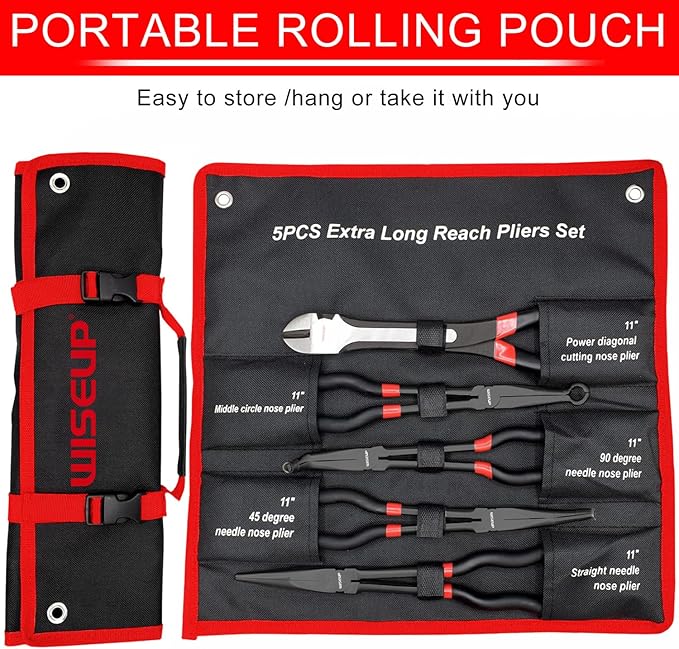 WISEUP 5Pcs Long Needle Nose Pliers Set 竊똏remium Carbon Steel竊?1" Long Reach Straight 竊?5째 Bent Nose 竊?0째 Bent Nose Plier竊똃iagonal Pliers for Narrow Spaces