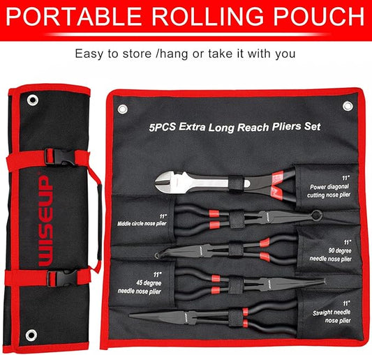 WISEUP 5Pcs Long Needle Nose Pliers Set 竊똏remium Carbon Steel竊?1" Long Reach Straight 竊?5째 Bent Nose 竊?0째 Bent Nose Plier竊똃iagonal Pliers for Narrow Spaces