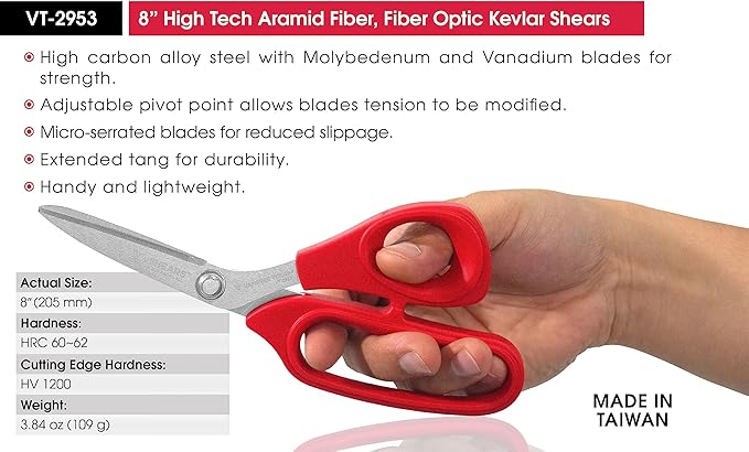 VAMPLIERS 8" Fiber Optic Kevlar Scissors Industrial Grade Carbon Steel Shears - Cuts Kevlar, Dyneema, Spectra, Vectran, Dacron, Nomex, Technora, Innegra, Carbon Fiber, Fiberglass