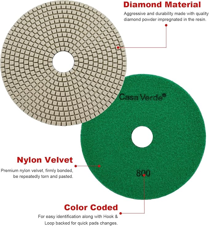 Casaverde Grit 800 Dry Diamond Polishing Pads,7" Granite Marble Polishing Pad for Concrete Marble Quartz Stone Countertop Granite