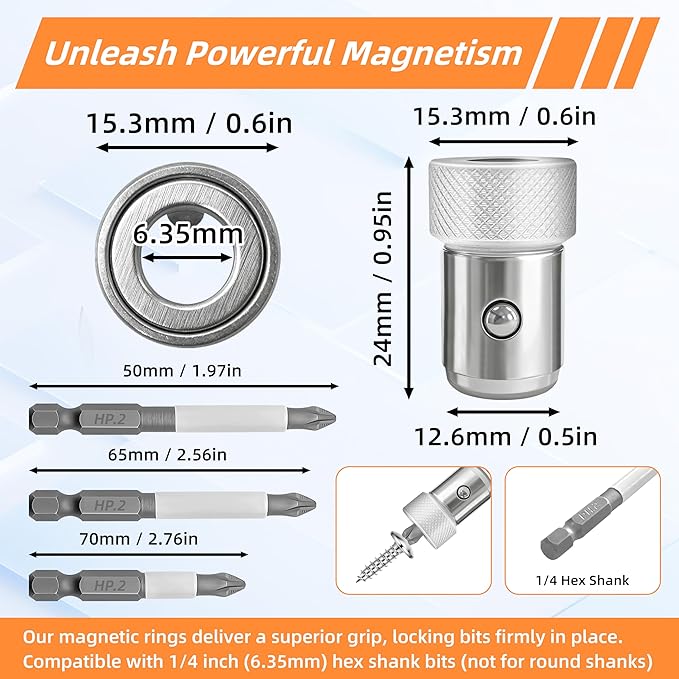 Upgrade 6-Piece Strong Magnetic Screw Ring & 3 Pcs Ph2 Screwdriver Bit Set, 1/4" Universal Drill Bit Holder Ring with Strong Magnet for Hex Screwdriver, Power Bits, DIY & Professional Tool Kit