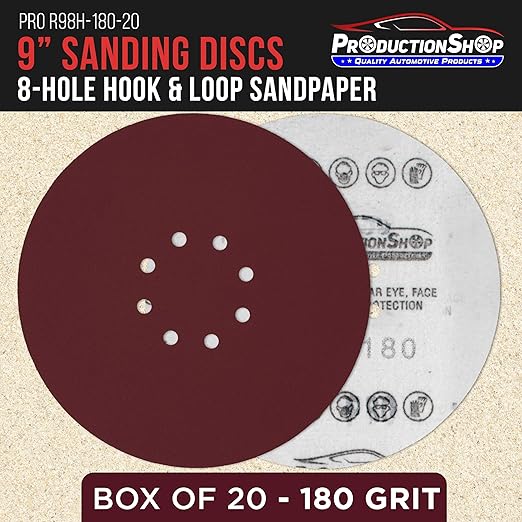 Premium 9" Red 8-Hole Pattern 180 Grit Sanding Discs, Box of 20 - Dustless Hook & Loop Backing Sandpaper for Drywall Power Sanders, Medium-Cut Abrasive - Woodworking, Sand Auto Paint