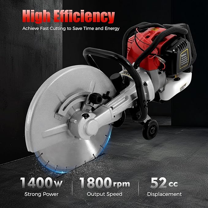 52CC Concrete Cutter Saw, 2-Stroke Gas Powered Disc Cutter/Circular Saw with 13in Blade, Dry & Wet Concrete Cutting Tool for Stone & Masonry Projects, 1.4KW/6500RPM