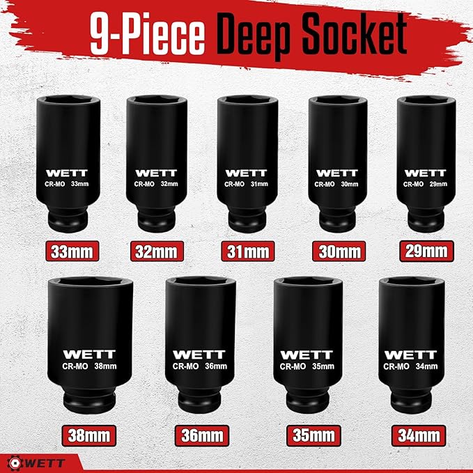 WETT 1/2" Drive Deep Large Impact Socket Set, 9-Piece Spindle Axle Nut Metric 6 Point Sockets Set, CR-MO, 29mm-38mm
