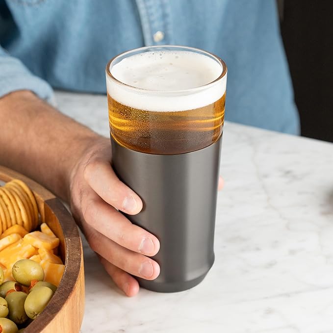 Elevated Craft Hybrid Vacuum Insulated Stainless Steel Base with Removable Pint Glass Insert, Ideal Insulation for Beers & Cold Beverages with Built-in Bottle Opener, Durable & Stylish, Black (16 oz)