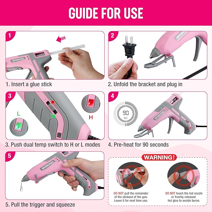 WORKPRO Hot Glue Gun Full Size - 60/100W Dual Temp Glue Gun and Sticks Set with 10 PCS Glue Sticks (7/16") - 90S Fast Preheating Hot Glue Gun for Construction, Crafting, DIY and Repairs - Pink Ribbon