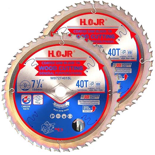 2-Pack 7-1/4" 40-Tooth 5/8" Arbor Circular Saw Blade, Framing/Universal Wood Cutting Saw Blade, Special Anti-Thermal Adhesion Coating on Cutting Edge-TA, 7-1/4" 40T 5/8"