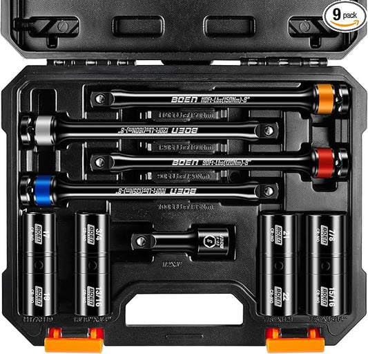 boen 9PCS 1/2" Drive Impact Flip Lug Nut Socket And Torque Limiting Extension Bar Set, 8" Long Impact Torque Sticks, Metric & SAE Double-Sided Sockets, 3" Extension Bar & Storage Case
