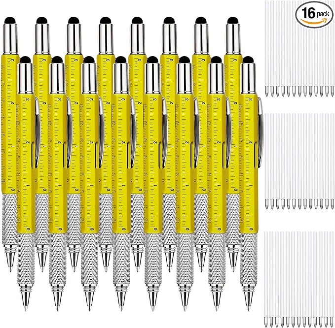 Zhanmai 16 Pcs Multitool Pens 6 in 1 Multi-tool Pen Set with Refills for Men's Birthday Gifts, Christmas Stocking Stuffers for Men Dad Husband (Yellow Color)