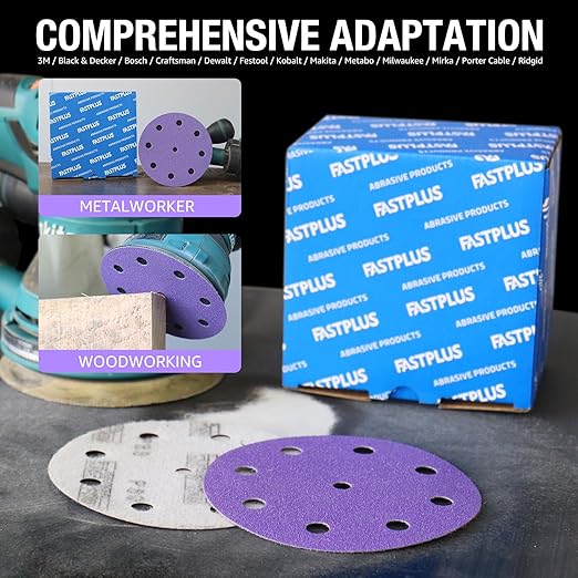 5 Inch 9 Hole Sanding Discs Purple Sanding Disc 80/120/150/180/220 Grit Ceramic Sanding Discs, Heavy-Duty Hook and Loop Film Discs Sandpaper for Random Orbital Sanders, 50 Pack