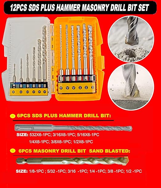 12Pcs SDS Plus Hammer Drill Bit and Masonry Drill Bit Drill Bricks Stone Concrete